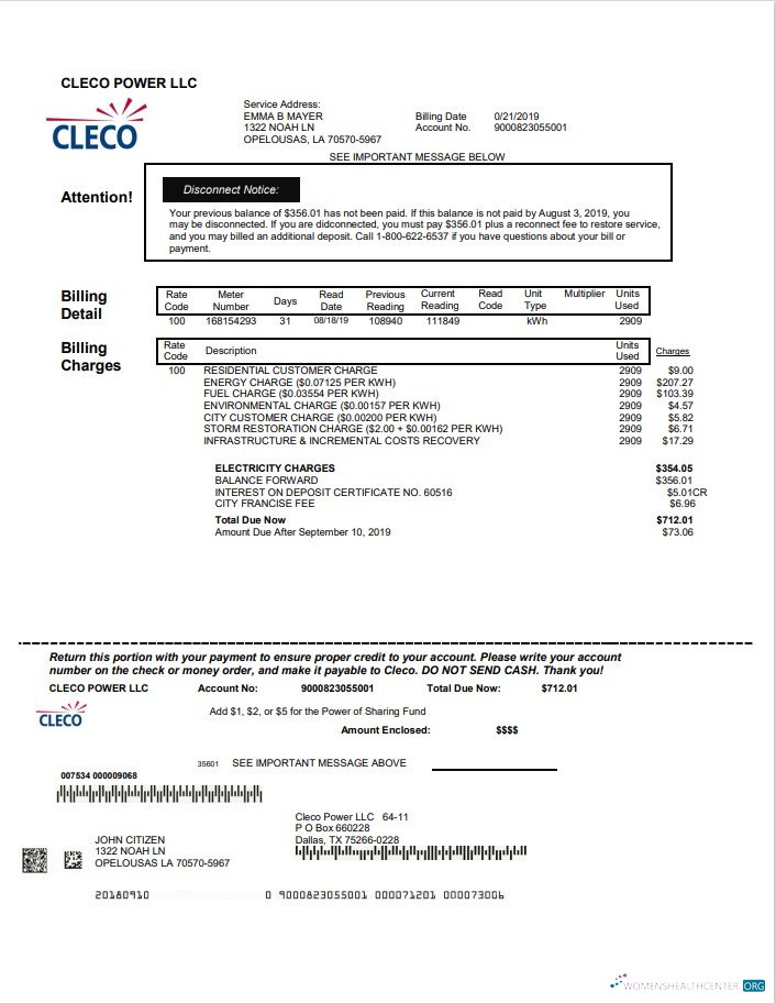 download USA Louisiana Cleco Power electricity utility bill template in Word and PDF format PDF template